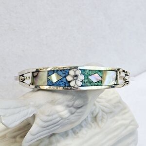 Mexico 925 Inlaid Gemstone Hinged Bracelet Michoan 925